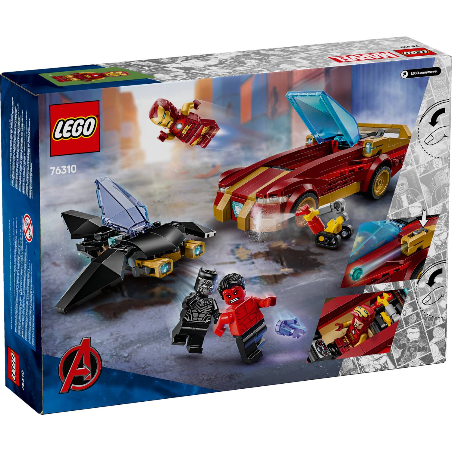 Lego 76310 Iron Man u autu i Black Panther protiv Red Hulka