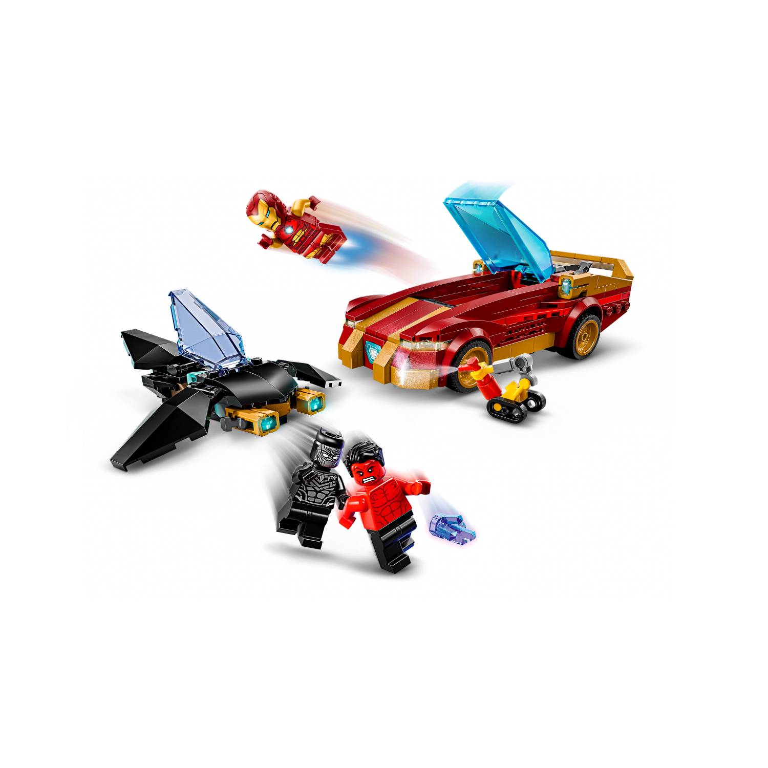 Lego 76310 Iron Man u autu i Black Panther protiv Red Hulka